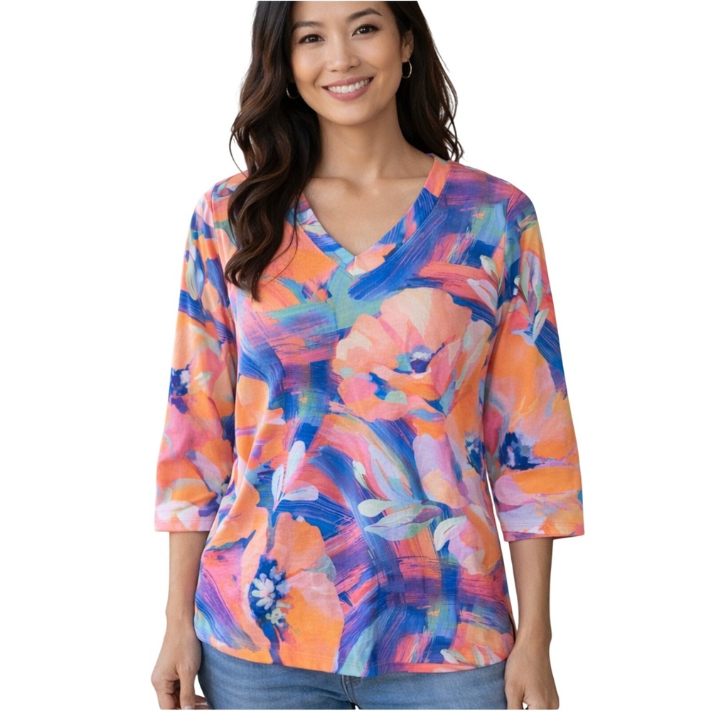 Soft Surroundings Floral Bright V-Neck 3/4 Sleeve Top XS